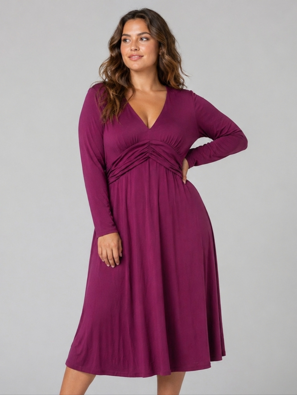 BODEN Petite US 12/UK 16 Long Sleeve Ruched Empire Waist 'Elodie' Midi Dress NWT